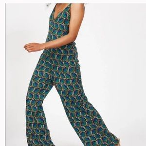 Silk and Salt Peacock Print Dangerously in Love Wide Leg Jumpsuit Size Small